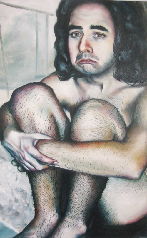 painting of sad-looking nude model sitting outside in the snow and staring at the viewer, oil on canvas